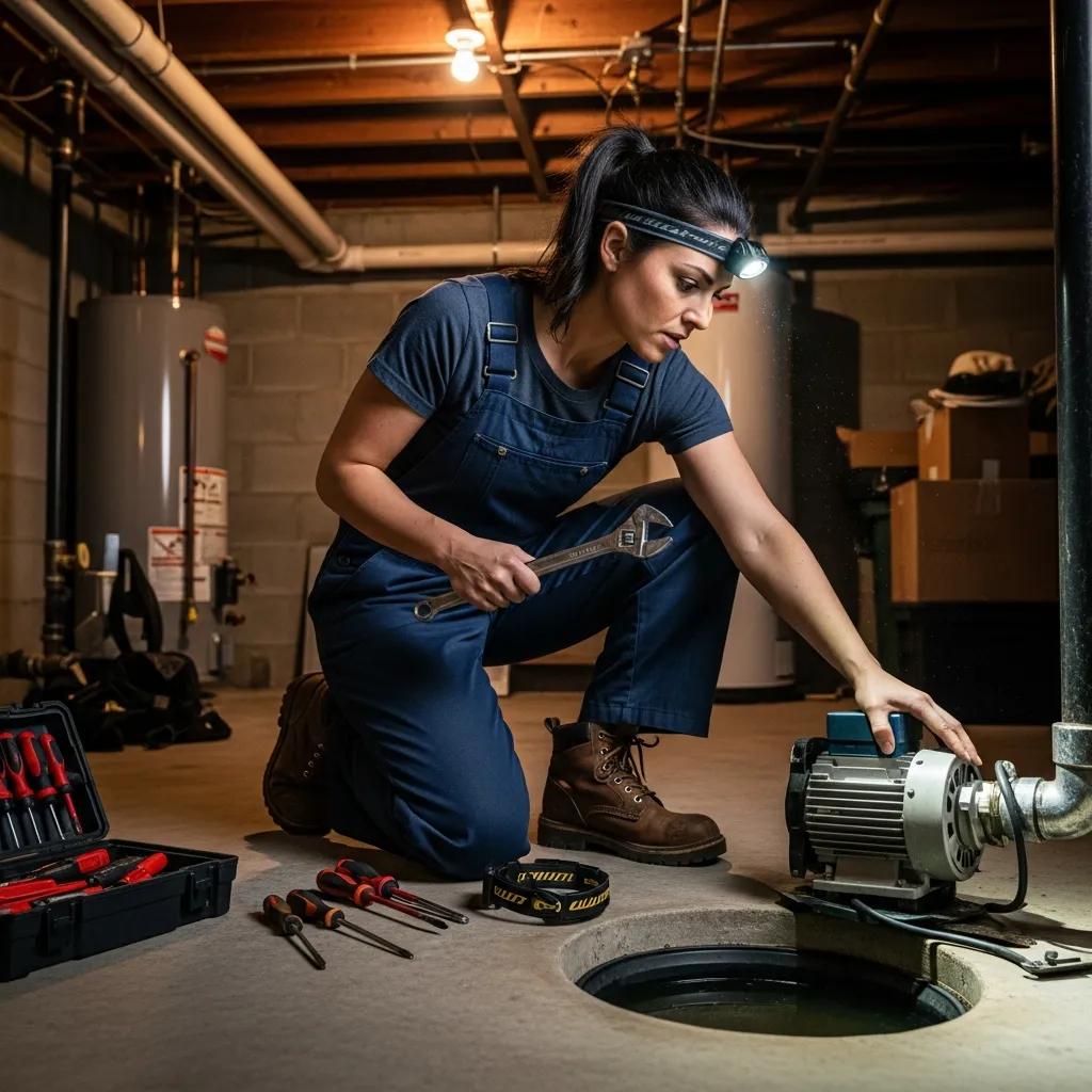 Plumbing technician performing emergency sump pump repair in a basement