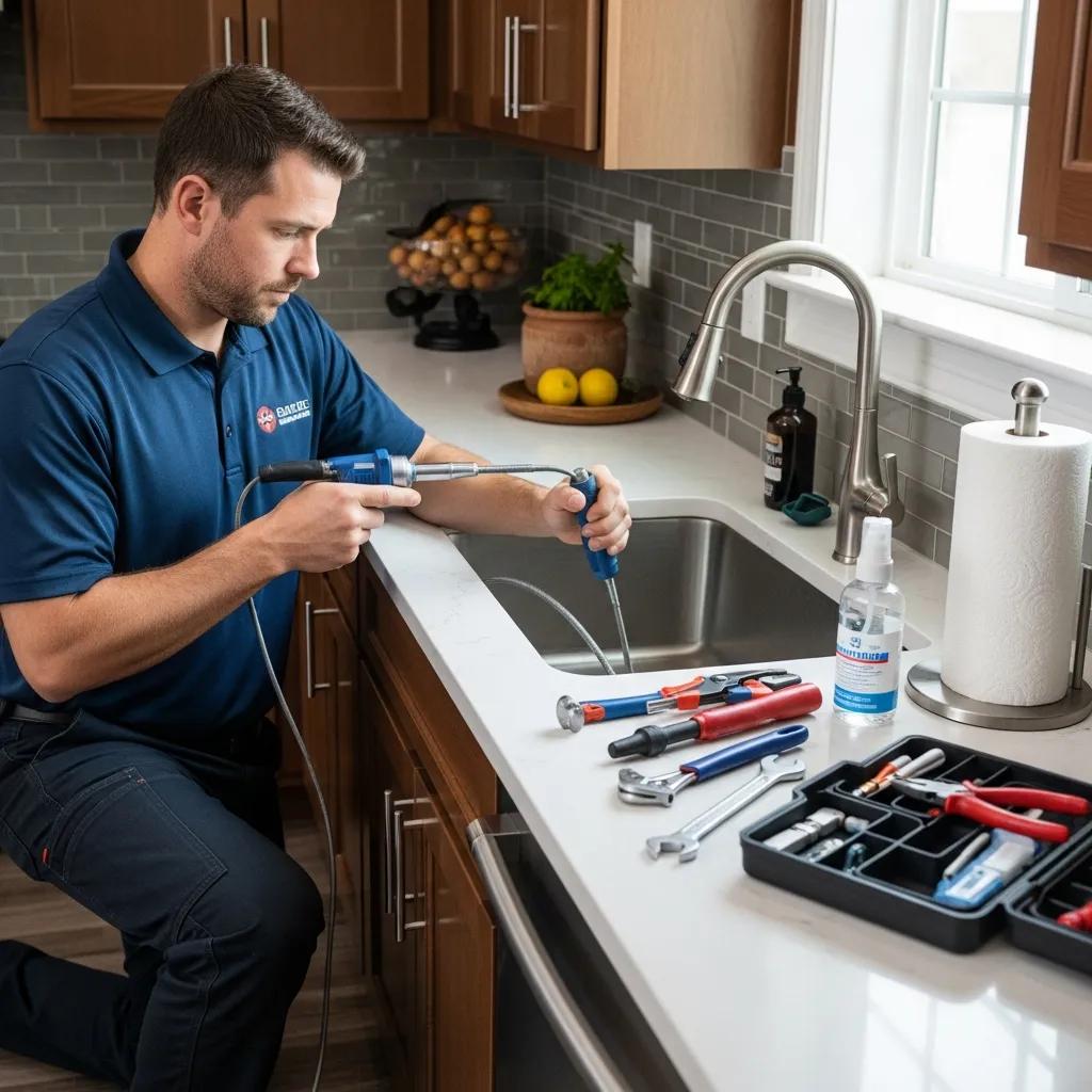 Professional plumber cleaning a drain in a residential kitchen, highlighting the importance of drain maintenance