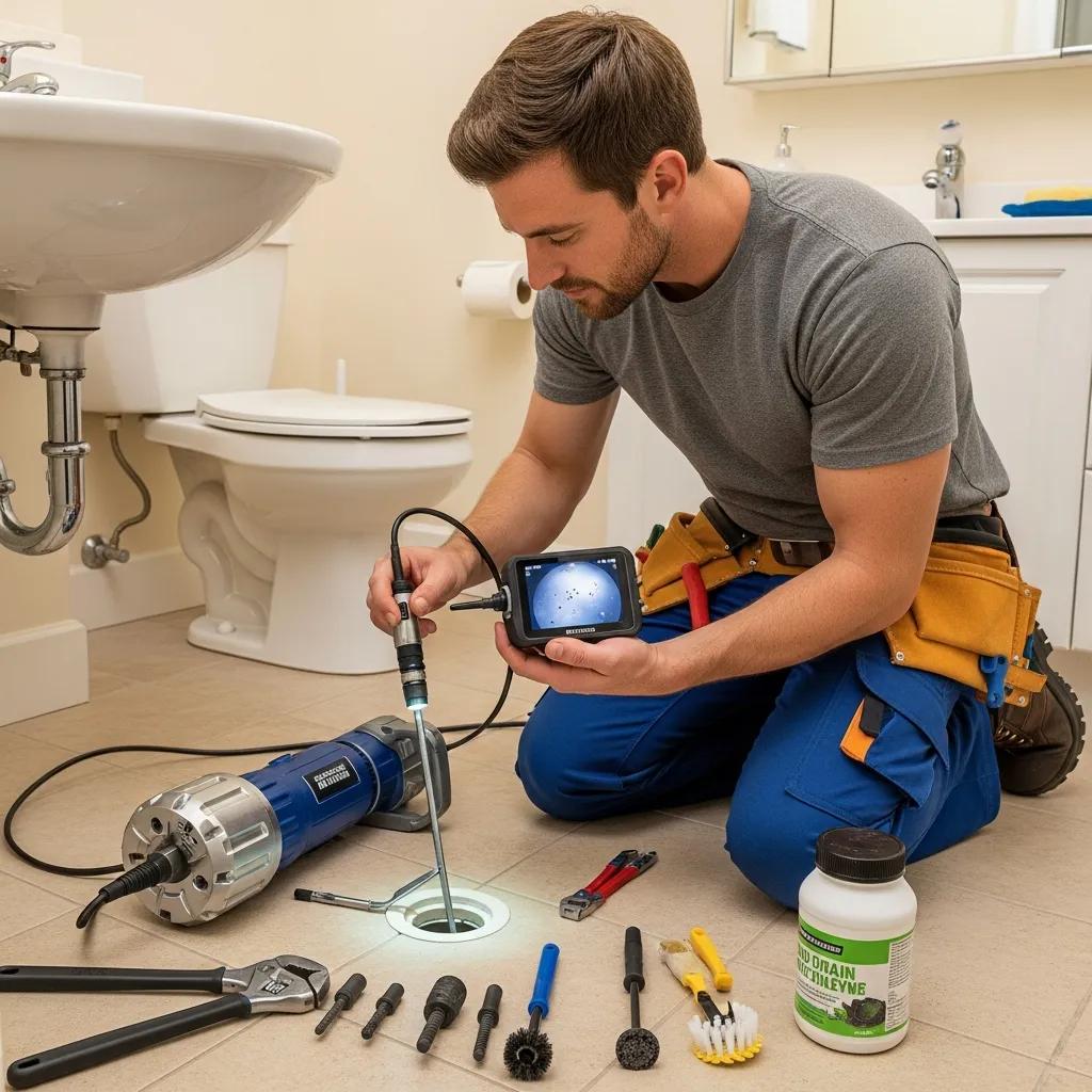 Professional plumber cleaning a drain in a residential setting, highlighting drain cleaning services