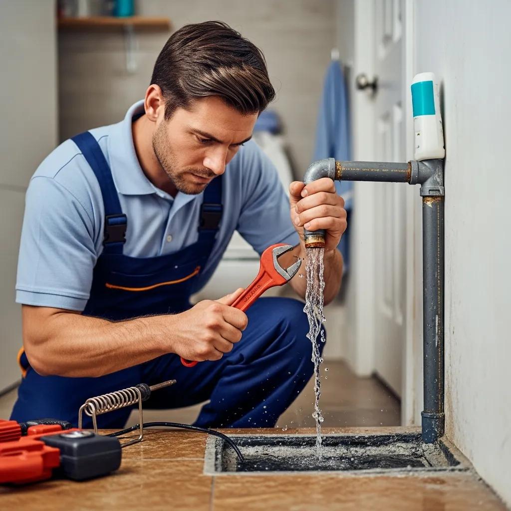 Professional plumber fixing a burst pipe in a home, emphasizing emergency plumbing services