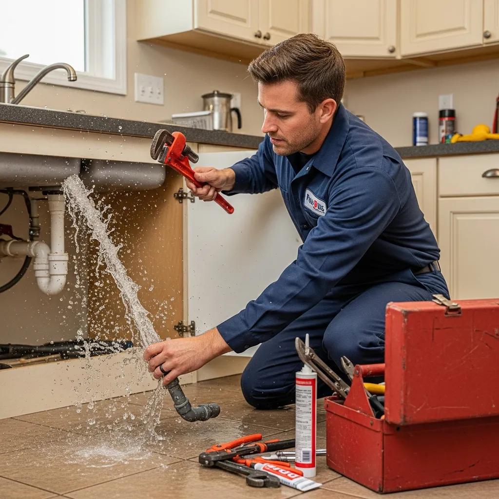 Professional plumber fixing a burst pipe in a home, showcasing emergency plumbing services