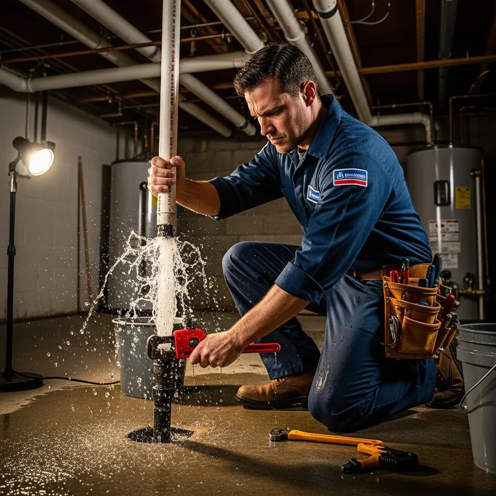 Professional plumber fixing a burst pipe in a residential home, highlighting emergency plumbing services