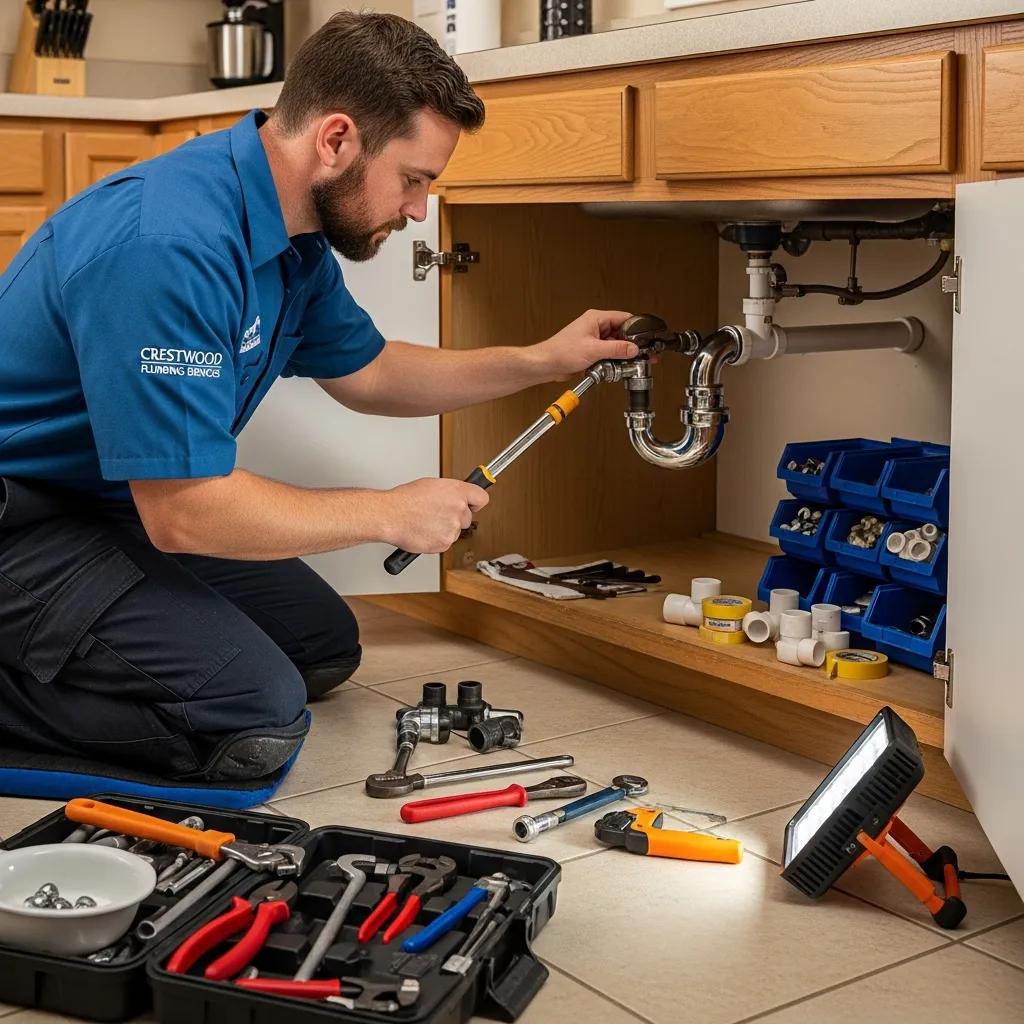Professional plumber fixing a pipe in a residential setting in Crestwood, IL