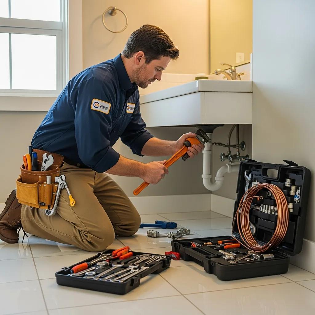 Professional plumber fixing a pipe in a residential setting, showcasing expertise and reliability