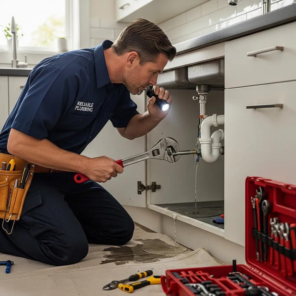 Professional plumber fixing a pipe in a residential setting, showcasing expertise and reliability