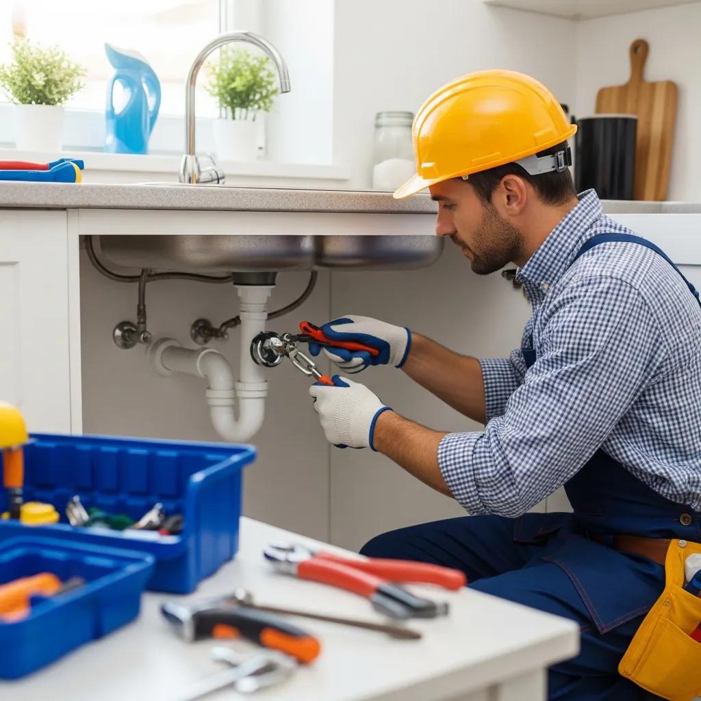 Professional plumber fixing a pipe under a kitchen sink, representing reliable plumbing services in Chicagoland