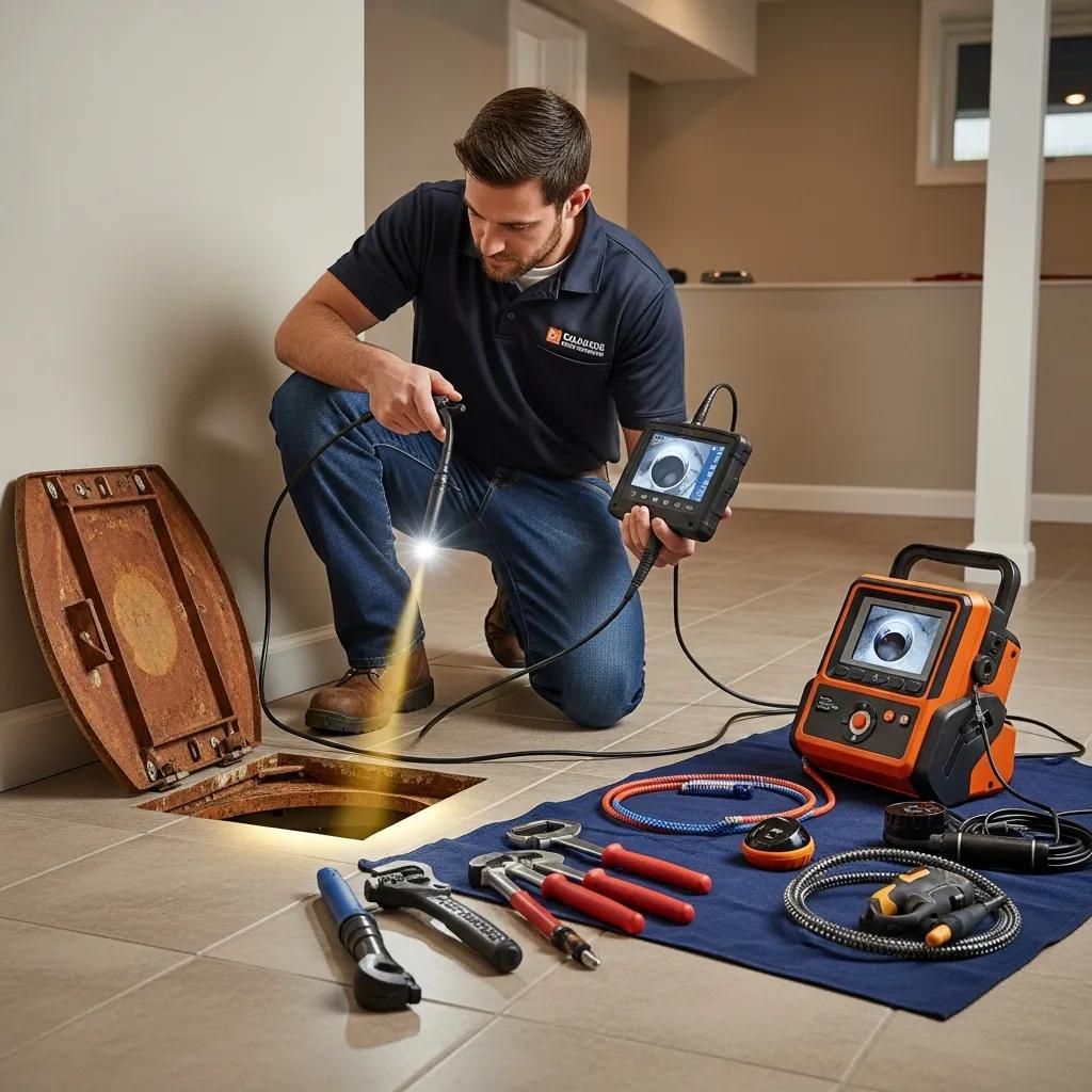 Professional plumber inspecting sewer line with advanced tools in a residential setting