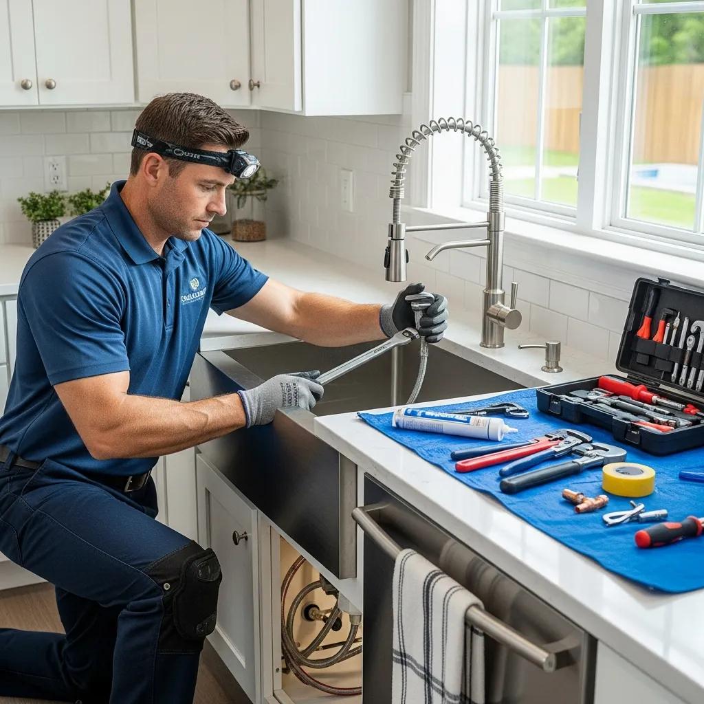 Professional plumber installing a modern kitchen faucet in a bright kitchen