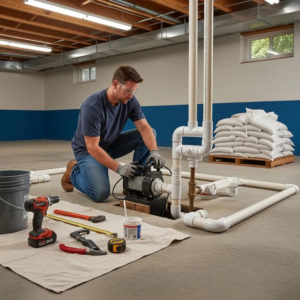 Professional plumber installing a sump pump in a residential basement
