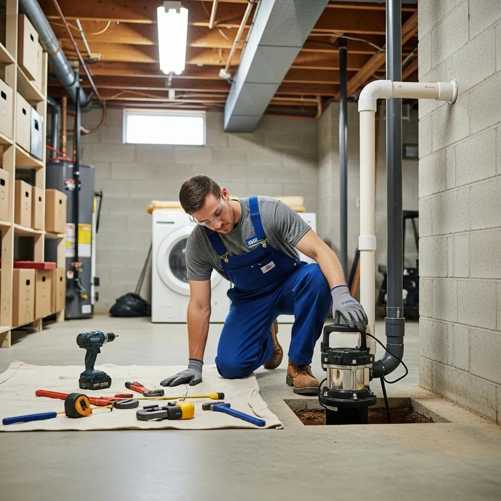 Professional plumber installing a sump pump in a residential basement for effective flood protection