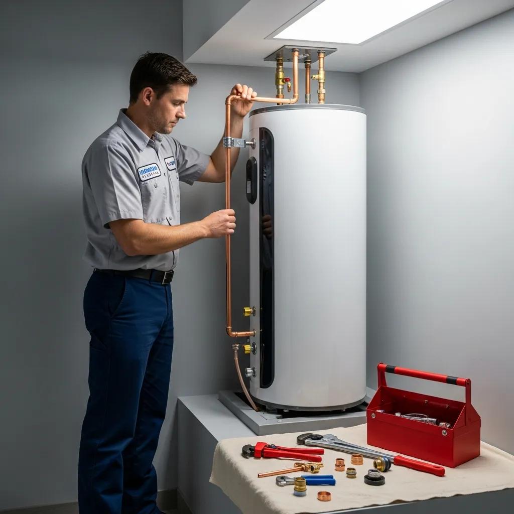 Professional plumber installing a water heater in a home, showcasing expertise and reliability