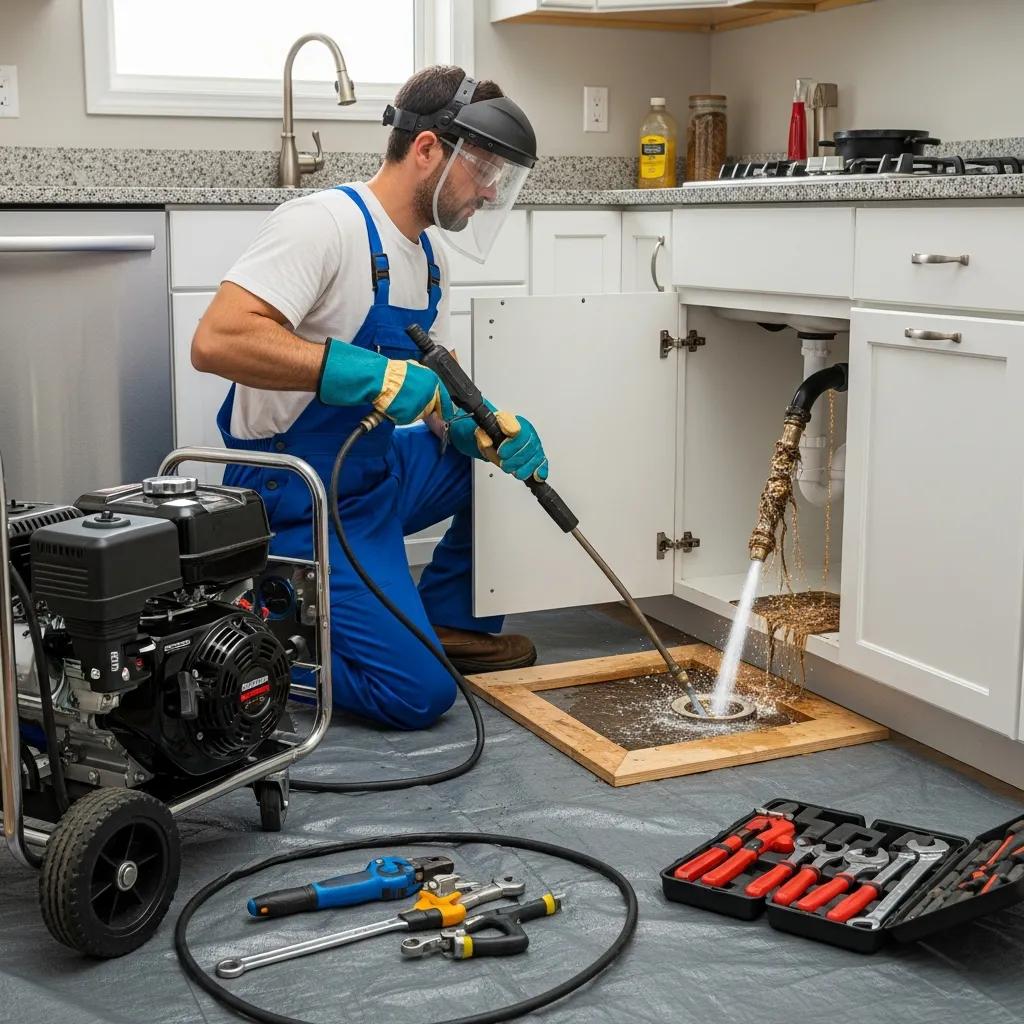 Professional plumber using high-pressure jetting to clear a clogged drain