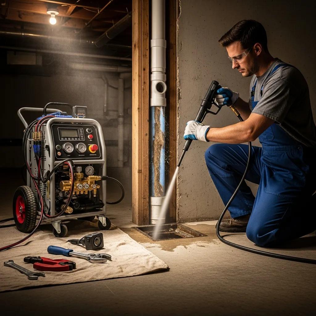 Professional plumber using hydro jetting equipment to clear drain blockages