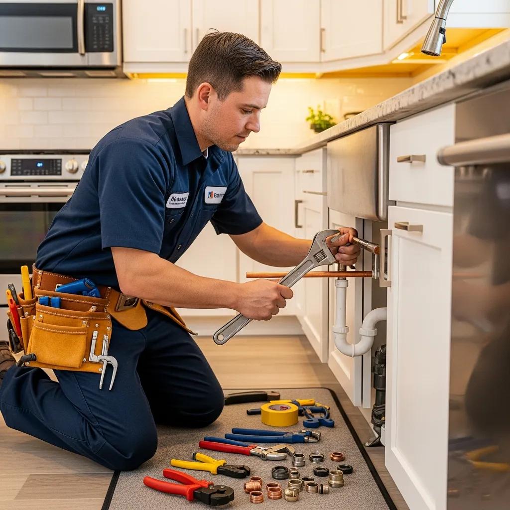 Professional plumber working on a kitchen sink pipe, showcasing expert plumbing services