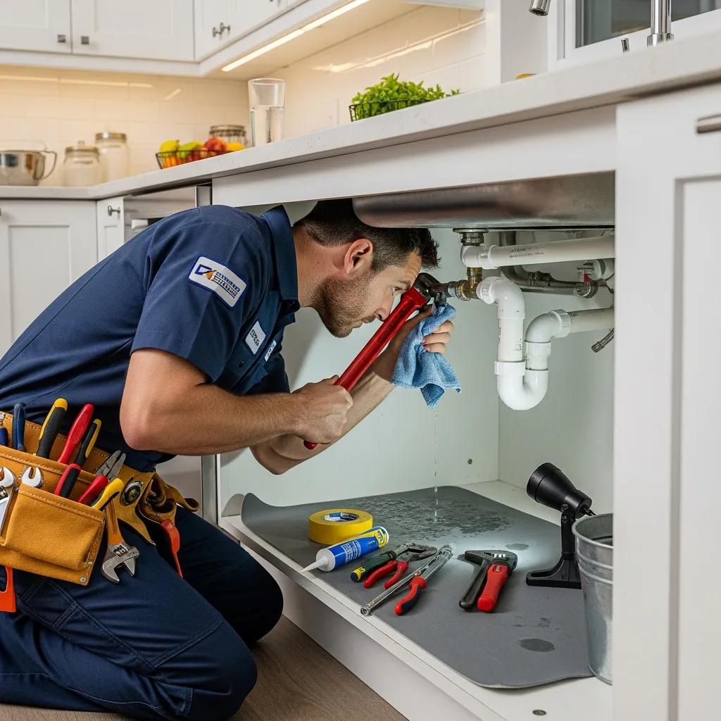 Professional plumber working on a pipe in a modern kitchen, showcasing expert plumbing services