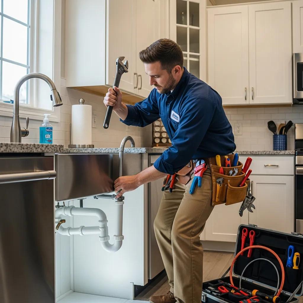 Professional plumber working on a residential plumbing system in a modern kitchen