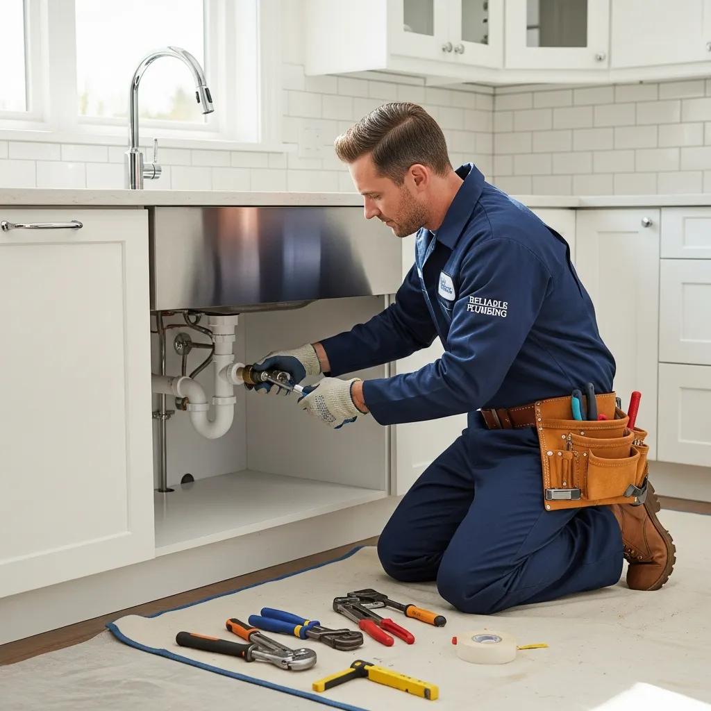 Professional plumber working on a residential plumbing system in a modern kitchen