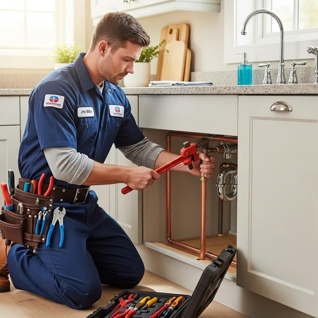 Professional plumber working on residential plumbing system in a well-lit kitchen
