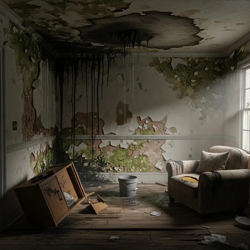 Room showing water damage and mold growth due to undetected water leaks