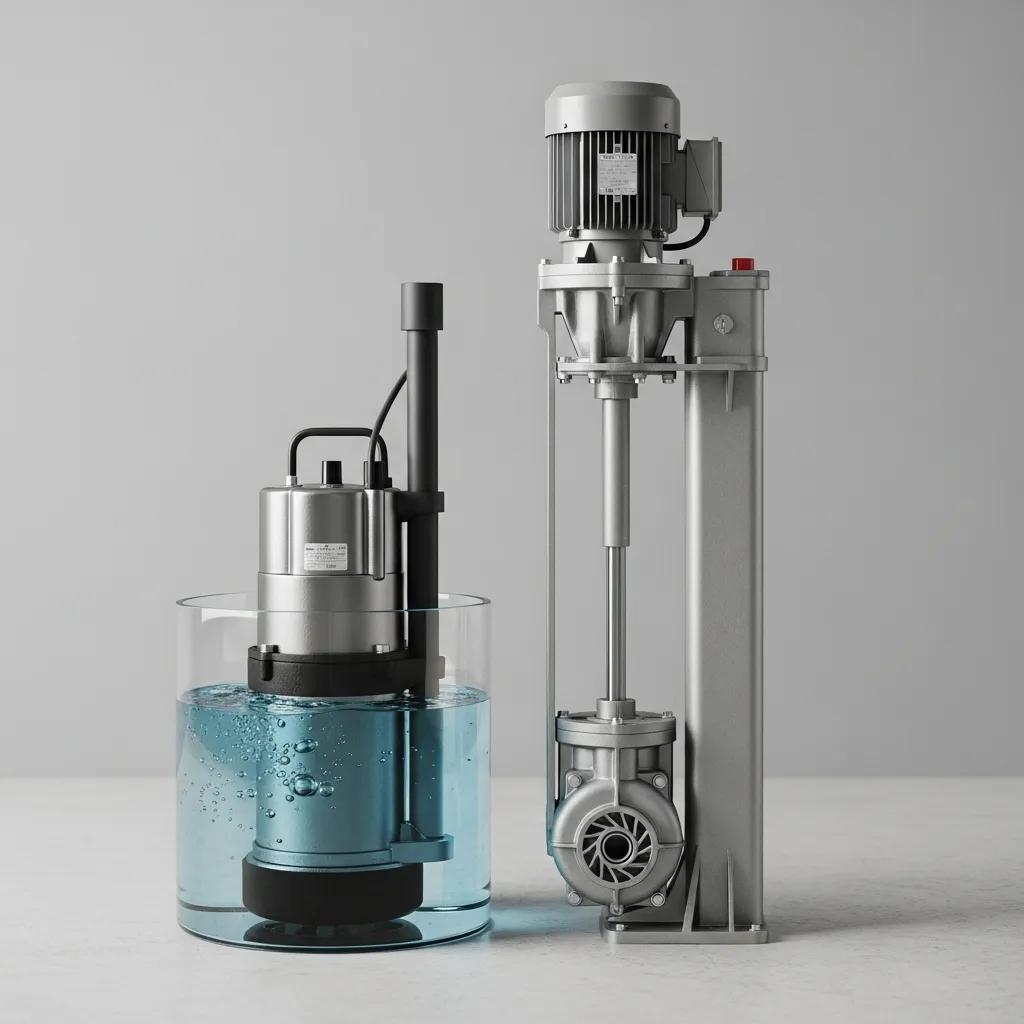 Submersible and pedestal sump pumps displayed for comparison