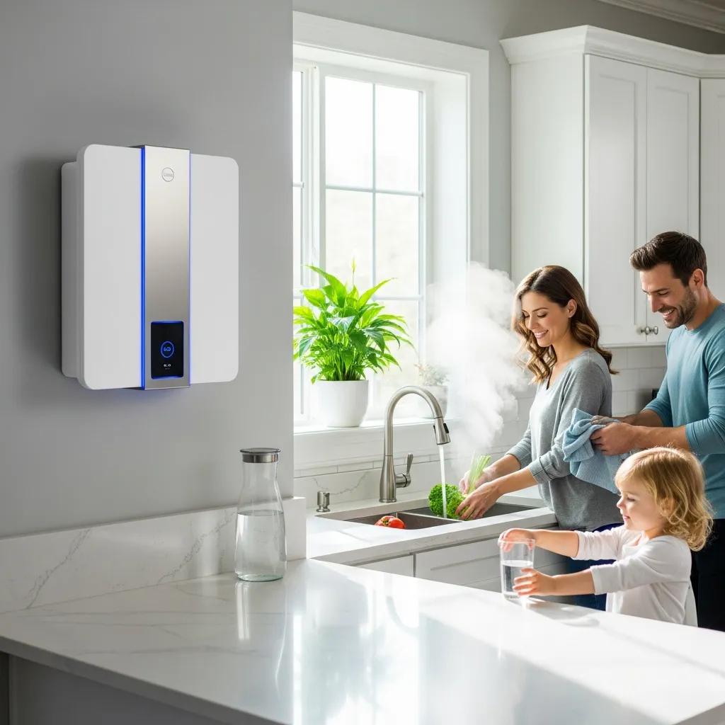 Tankless water heater installed in a modern kitchen with family using hot water