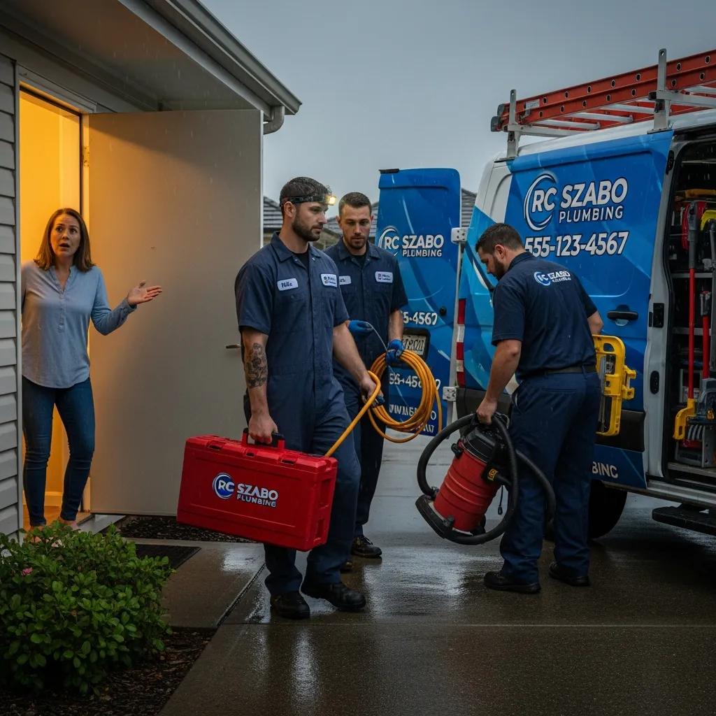 Team of licensed plumbers arriving at a home for emergency plumbing services, showcasing readiness and professionalism