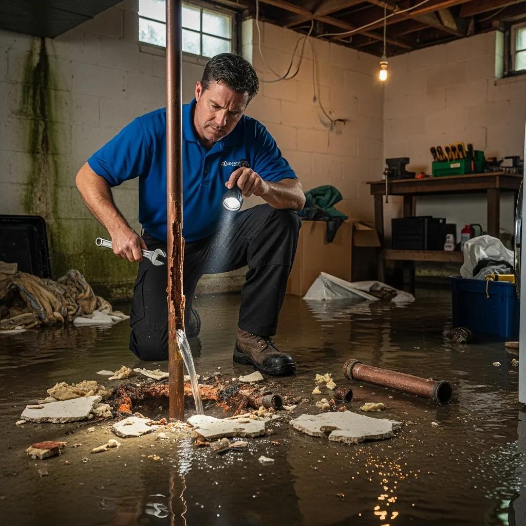 Technician assessing a burst pipe in a basement, highlighting emergency plumbing repair