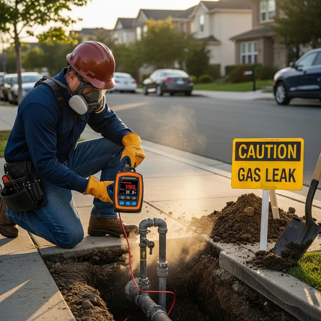 Technician assessing a gas leak emergency in a residential area