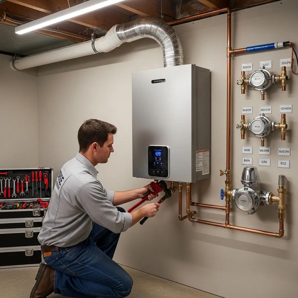 Technician installing a modern tankless water heater, representing advanced plumbing solutions in Chicagoland