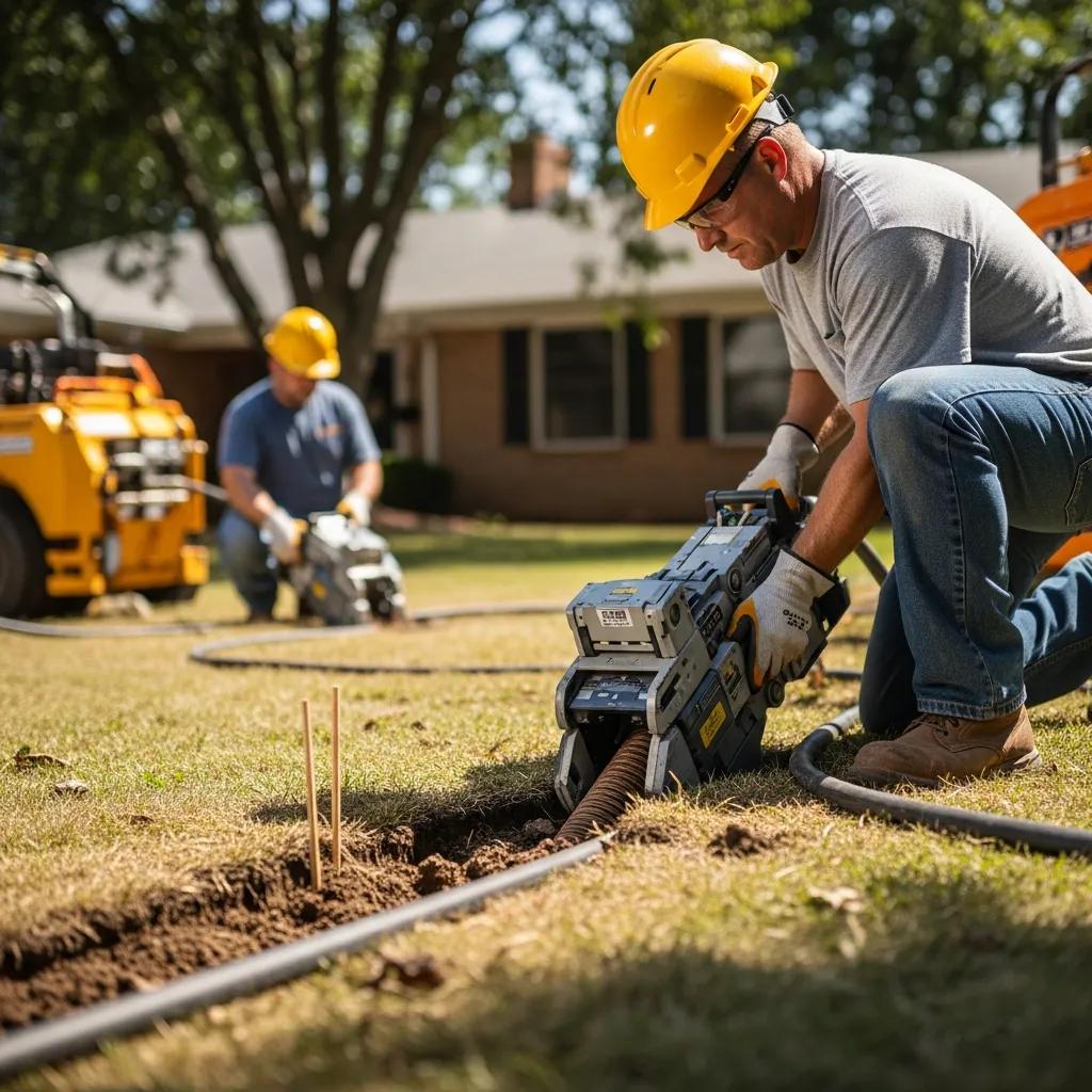 Technician performing trenchless sewer repair with minimal disruption to the landscape
