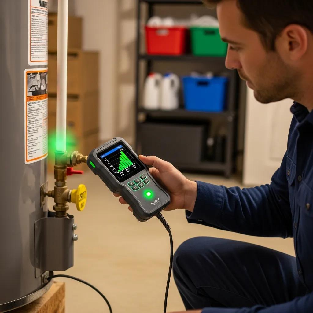Technician using gas detection technology in a home environment