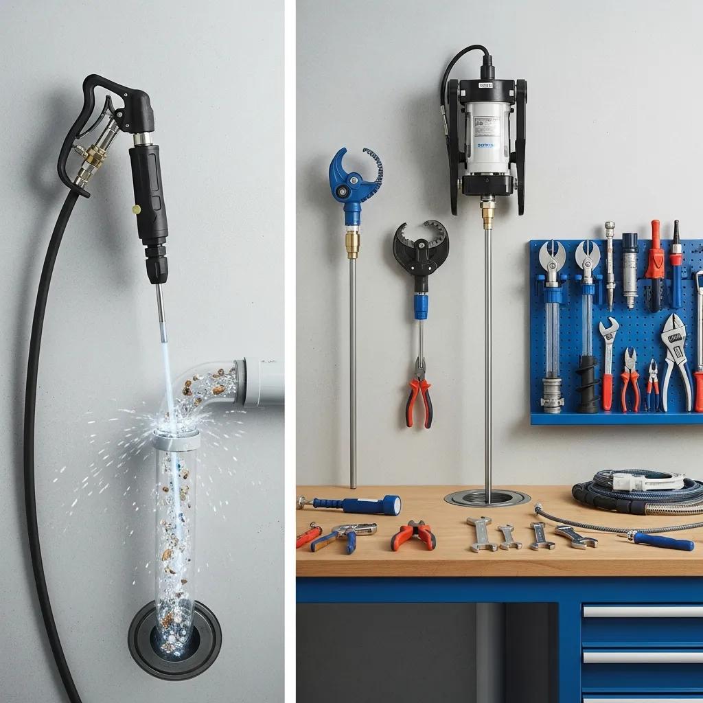 Tools and equipment used for effective drain cleaning methods, showcasing hydro jetting and sewer rodding