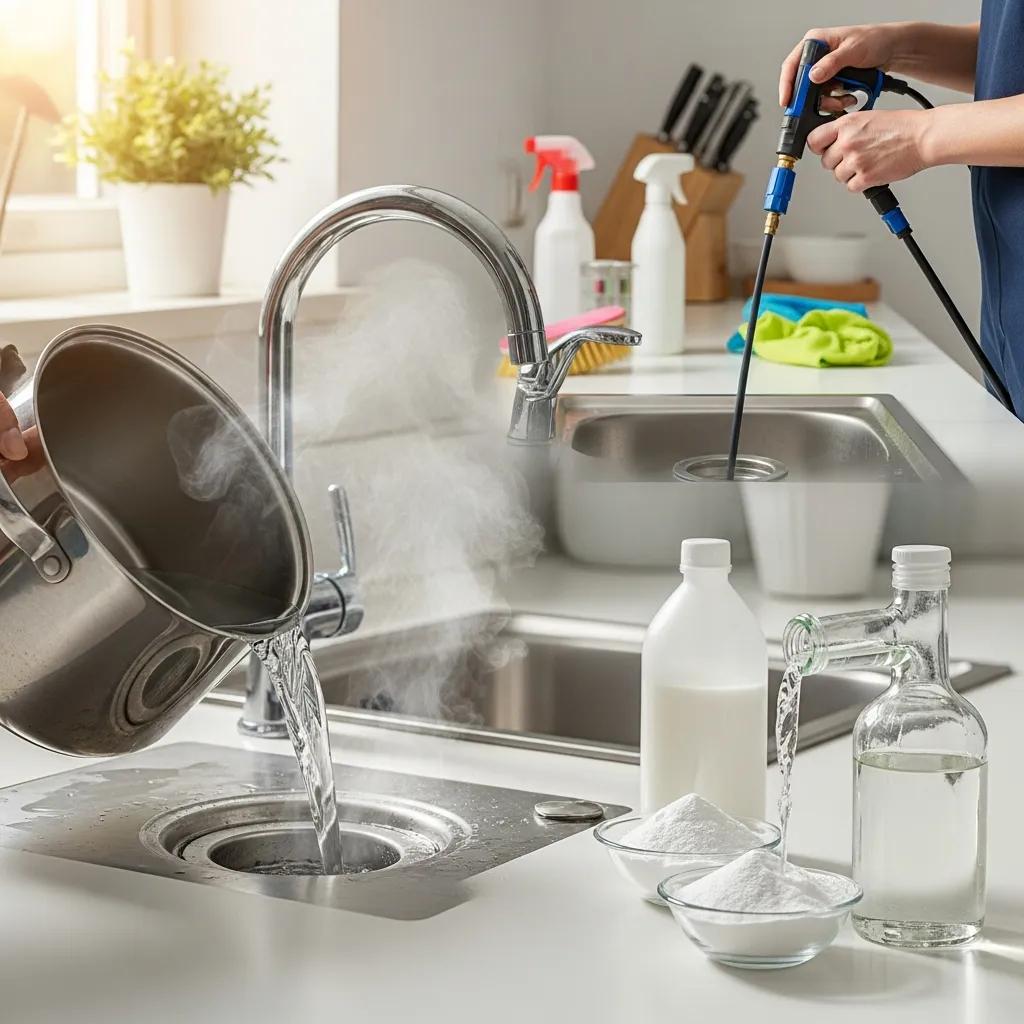 Visual representation of effective drain cleaning methods including boiling water, baking soda and vinegar, and hydro jetting